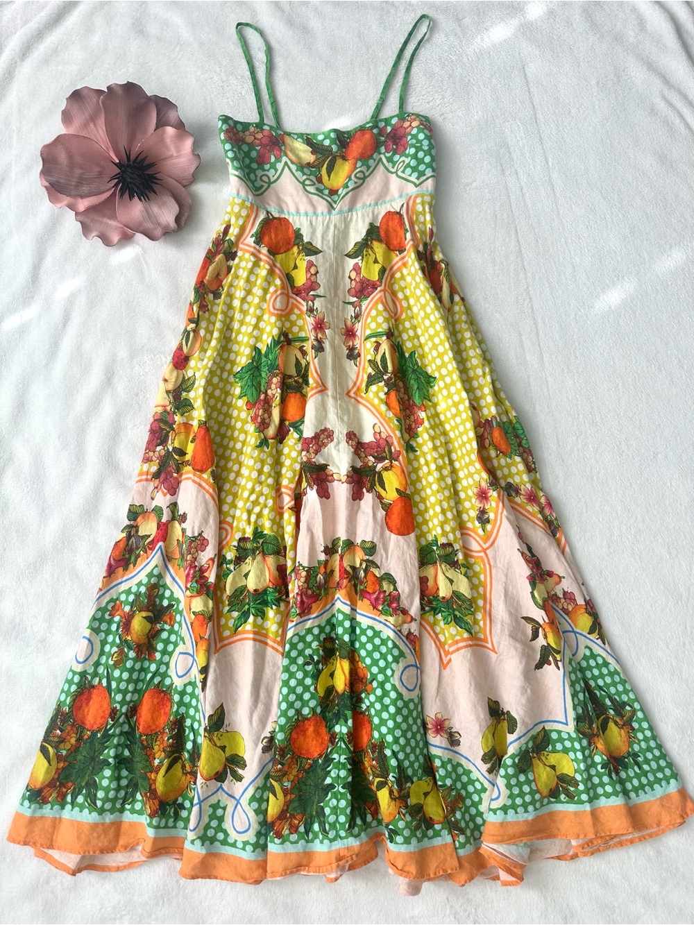Alemais Lemonis European Flax Linen Fruit Print Midi Sun Dress Size 10
